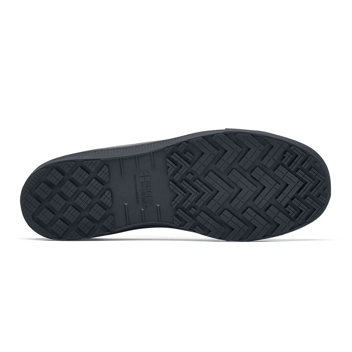 The Old School Low-Rider Black Gladiator Outsole from Shoes For Crews is a slip resistant lace-up shoe designed to provide comfort throughout the day, seen from below.