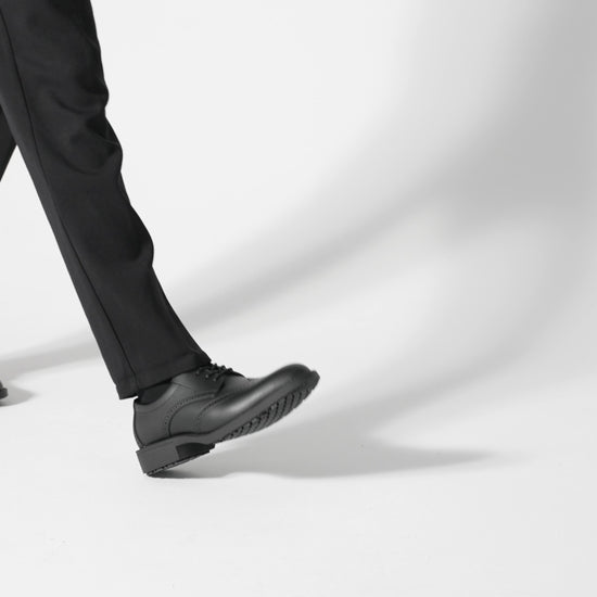 The Executive Wing Tip IV from Shoes For Crews, is an slip resistant dress shoe with a water resistant breathable leather upper to provide industry leading levels of grip and durability, product video.