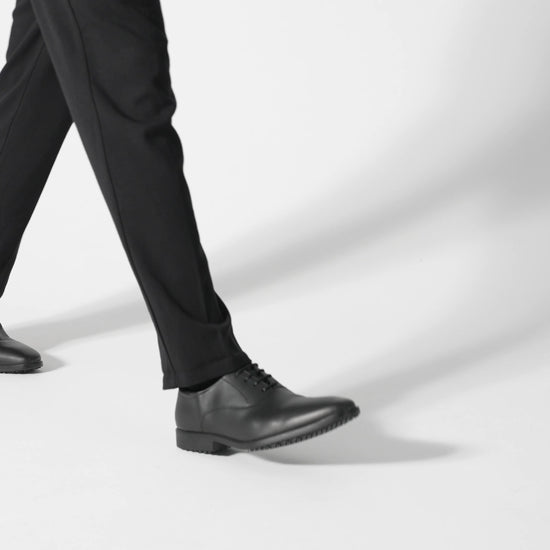 Slip resistant black formal shoe with Water Resistant Leather Upper, product video.