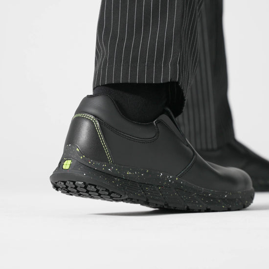 The Shoes for Crews Cater Eco Men's Black is a sustainable, slip-resistant safety shoe, product video.