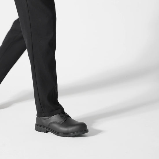 The Shoes for Crews Cambridge ST II  is an slip-resistant vegan leather dress shoe with steel toe (200 joules),  product video.
