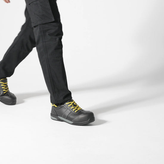 The Clyde from Shoes For Crews is a safety shoe with a slip-resistant sole, a waterproof and puncture-resistant upper and a nanocomposite toe cap (200 joules),  product video.